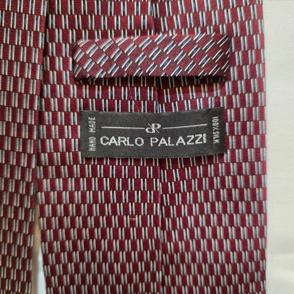 Carlo Palazzi Mens Silk Necktie Burgundy Blue Geometric Micro Pattern Hand Made - Picture 4 of 4